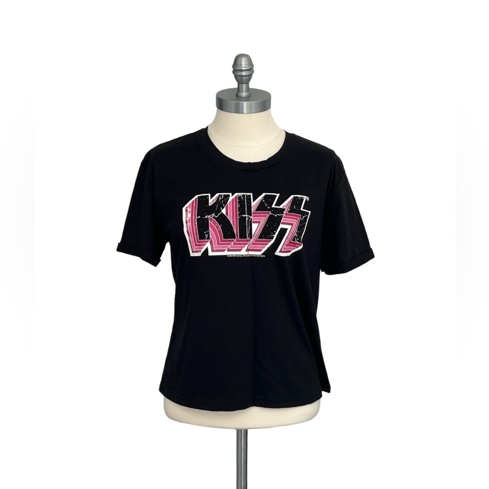 Gianni Bini NWT Women’s Rock Kiss Graphic Tee Shirt Black Pink Cotton Blend Sz M